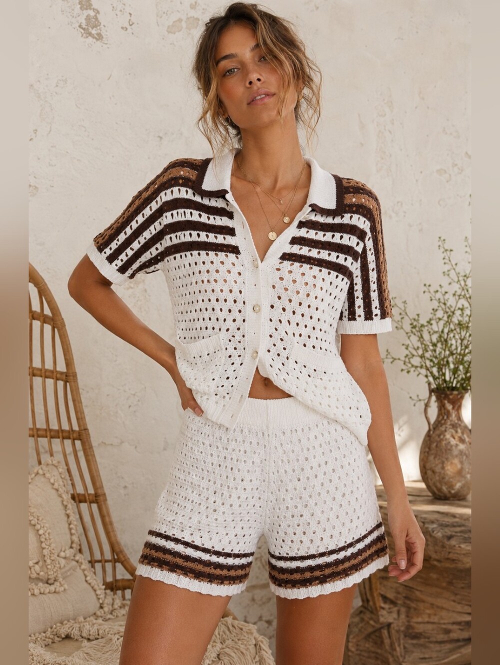 Crochet Button-Front Romper Set in White with Brown Stripes
